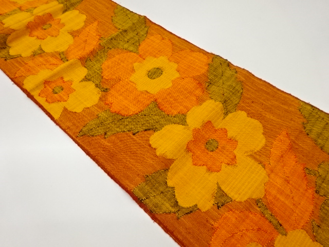 手織り真綿紬花葉模様織出し名古屋帯